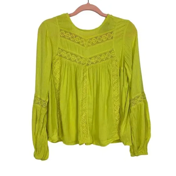 SCOOP Peasant Blouse Top w/ Crochet Trim Canary Yellow Boho Festival XS - Picture 4 of 12